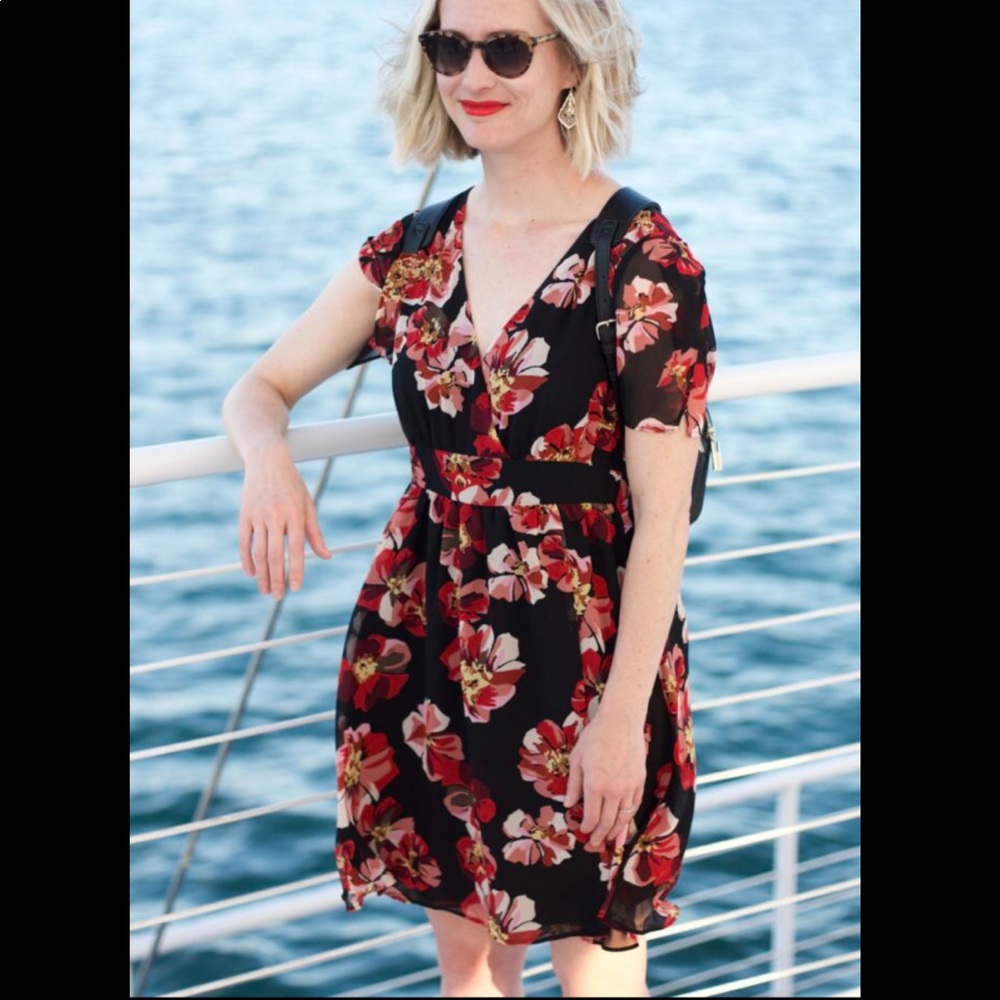 Madewell Tulip Sleeve Minidress Floral Wrap Black Dress Fluttery Romantic LBD